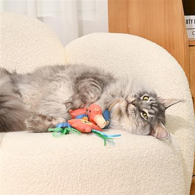 Cat playing with toys on a white cushion