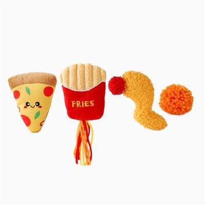 Set of four plush toys shaped like a pizza slice, french fry container, curly fries, and pom-poms on a white background.