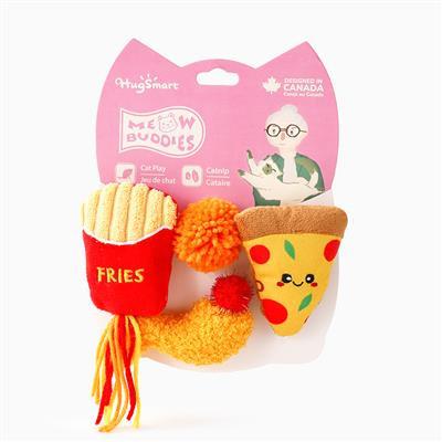 HugSmart cat toy set with French fries, pizza, and orange ball on a pink packaging.