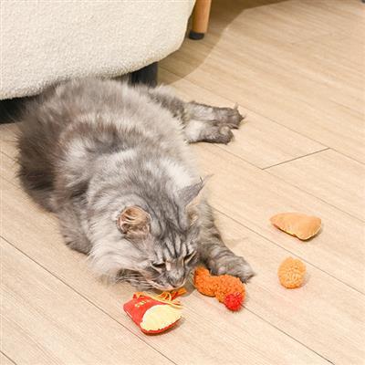Gray cat playing with orange and red cat toys on a wooden floor.