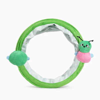 Green plush toy with a caterpillar on a white background