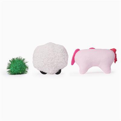 Three plush toys on a white background: a green spiky ball, a white fluffy ball, and a pink and red toy.