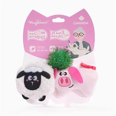 Three animal-themed cat toys with a pink HugSmart packaging on a white background
