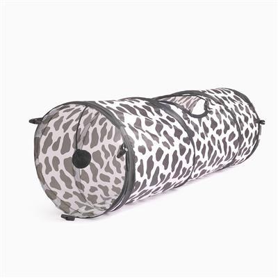 Pet play tunnel with leopard print design on a white background