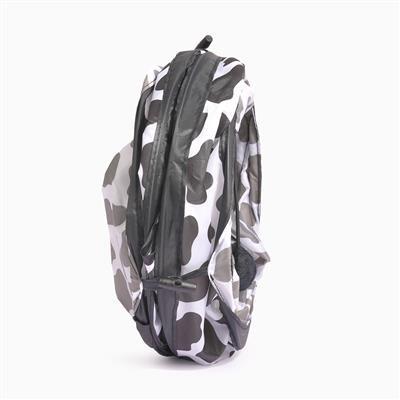 Camouflage-patterned backpack on a white background