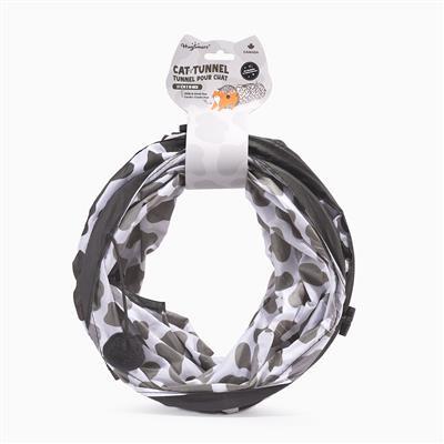 Cat tunnel toy with camouflage pattern on a white background