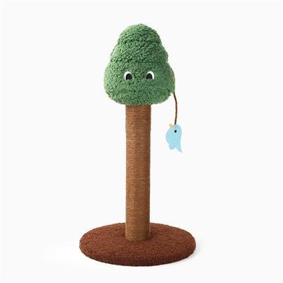 Cat scratching post toy resembling a tree with a bird on a white background