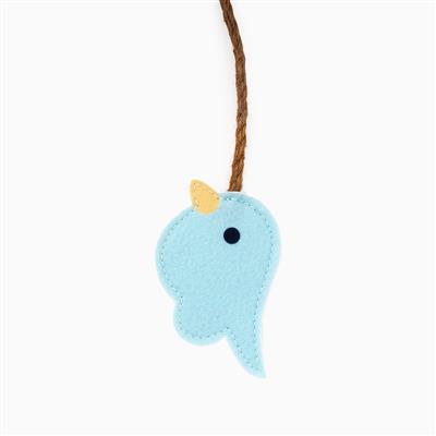 Blue bird-shaped toy with a yellow beak on a white background