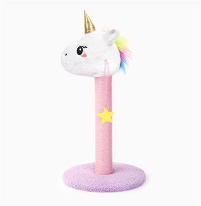 Unicorn-themed cat toy with a pink base and gold horn on a white background