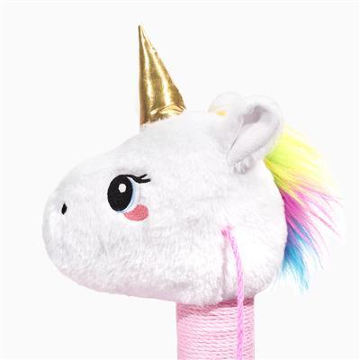 Plush unicorn toy with a gold horn and colorful mane on a white background