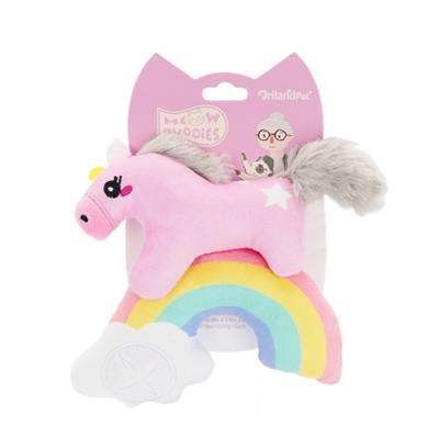 Pink unicorn plush toy with rainbow on a white background