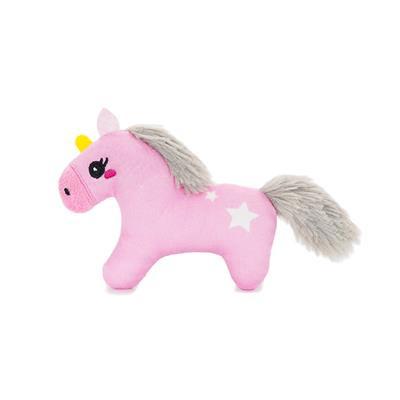 Pink unicorn plush toy with gray hair and a yellow horn on a white background