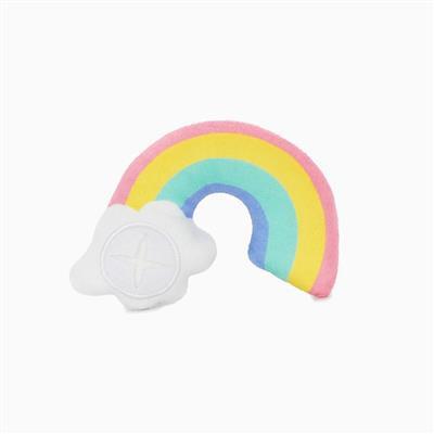 Colorful rainbow-shaped object with a cloud on a white background