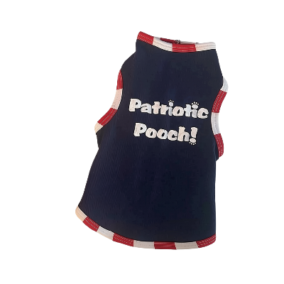A navy blue ribbed pet vest with red and white striped trim, featuring the text 'Patriotic Pooch!' printed in white on the front.