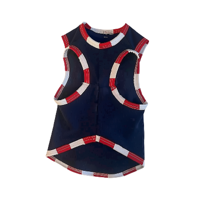 A sleeveless navy blue pet shirt with red and white striped trim, shown flat against a white background.