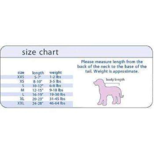 Size chart for dog clothing with measurements and weight ranges.