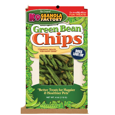 Brown bag of green bean chips for dogs on white background.  