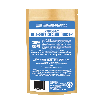 Package of Super Chewy Blueberry Coconut Cobbler chew sticks with ingredients and guaranteed analysis on a white background