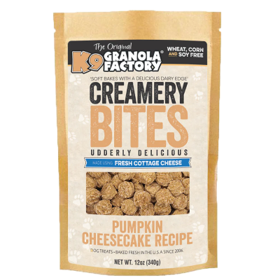 K9 Granola Factory Creamery Bites pumpkin cheesecake recipe packaging on a white background