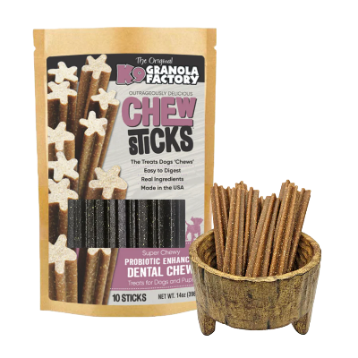 Granola Factory Chew Sticks packaging with a bowl of sticks on a white background