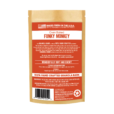 Granola bark packaging with 'Funky Monkey' branding on a white background