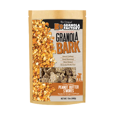 Package of K9 Granola Factory granola bark for dogs and puppies with peanut butter s'mores flavor.