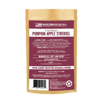 Pumpkin Apple Streusel granola bark package with red label on a white background