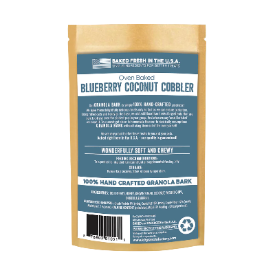 Granola bark package with blue label on a white background