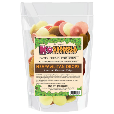 K9 Granola Factory Neapawlitan Yogurt Drops for dogs in a clear packaging with label.