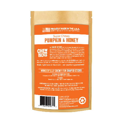 Packaging of Super Chewy Pumpkin & Honey Chew Sticks with ingredients and guaranteed analysis on a white background