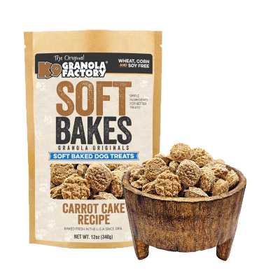 K9 Granola Factory Soft Bakes Carrot Cake dog treats packaging with treats in a wooden bowl on a white background