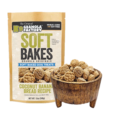 K9 Granola Factory soft baked dog treats packaging with a bowl of treats on a white background