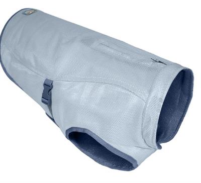 Light blue dog coat with dark blue trim on a white background