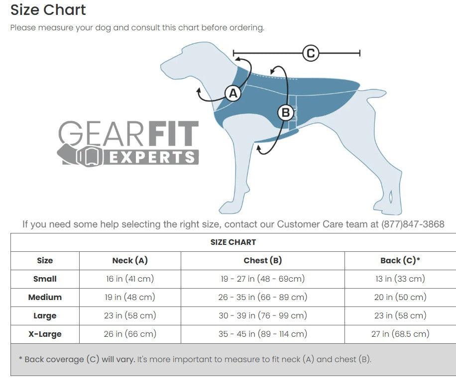 Dog size chart for Gear Fit Experts with measurements labeled on a dog illustration.