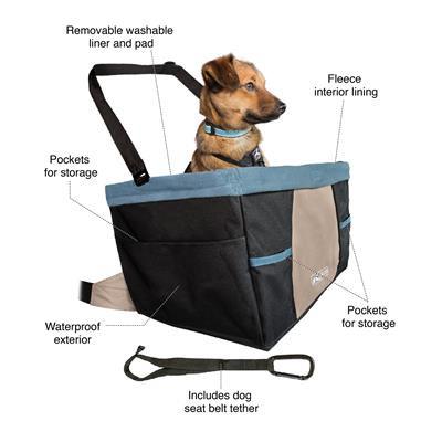 Dog seat carrier with features highlighted on a white background