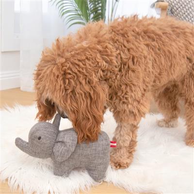 Dog playing with gray elephant dog toy