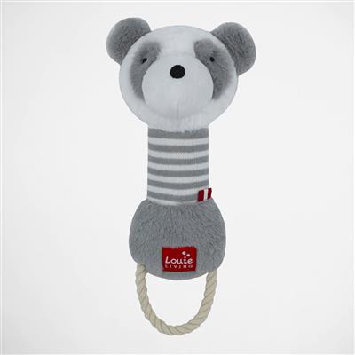 Gray and white striped panda rope dog toy.