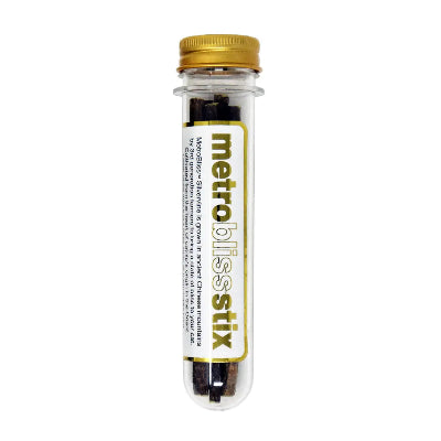 Glass tube labeled 'metroblissstix' on a white background