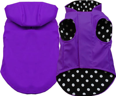 Purple Dog Raincoat with Black Lining and Polka Dots