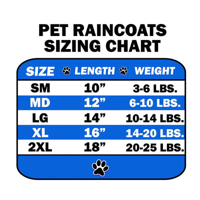 Pet Raincoat Size Chart