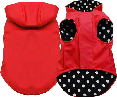 Red Dog Raincoat with Black Lining and Polka Dots