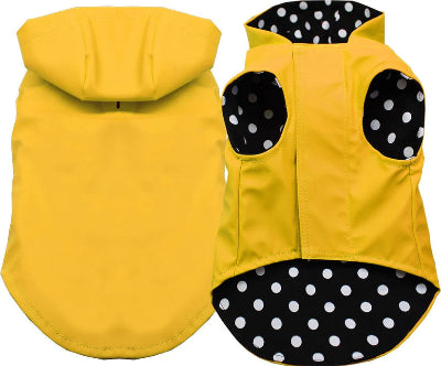 Yellow Dog Raincoat with Black Lining and Polka Dots