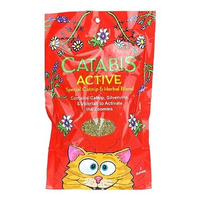 Red bag of Catabis Active catnip blend with a cartoon cat on a white background