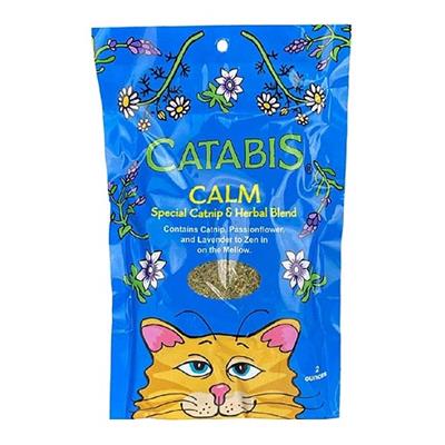 Catabis Calm catnip and herbal blend packaging with a blue background and cat illustration.