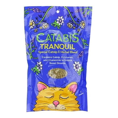 Blue bag of Catabis Tranquil catnip blend with a cartoon cat on a white background