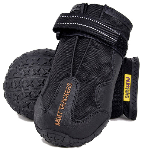 Black dog shoes with velcro strap and embroidered "MUTT TRACKERS" and Muttluks label on white background.