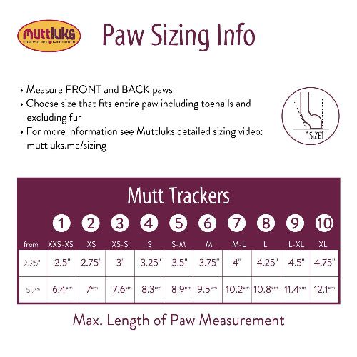 Muttluks Paw Size Chart for dog boots on white background