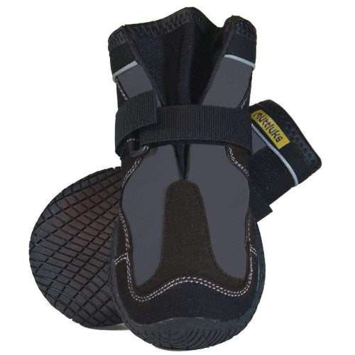 Black dog boots with Muttlucks logo on white background