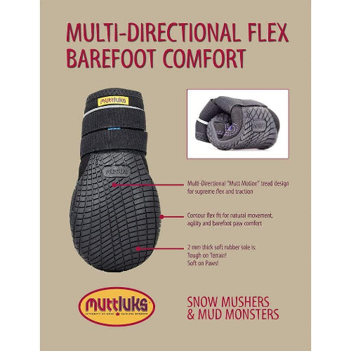 Chart showing multi-directional flex barefoot comfort for snow mushers dog boots on tan background