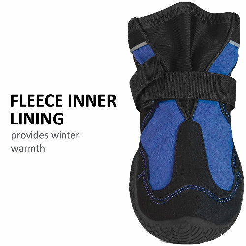 Black and blue dog boot showing benefits of fleece inner lining on white background